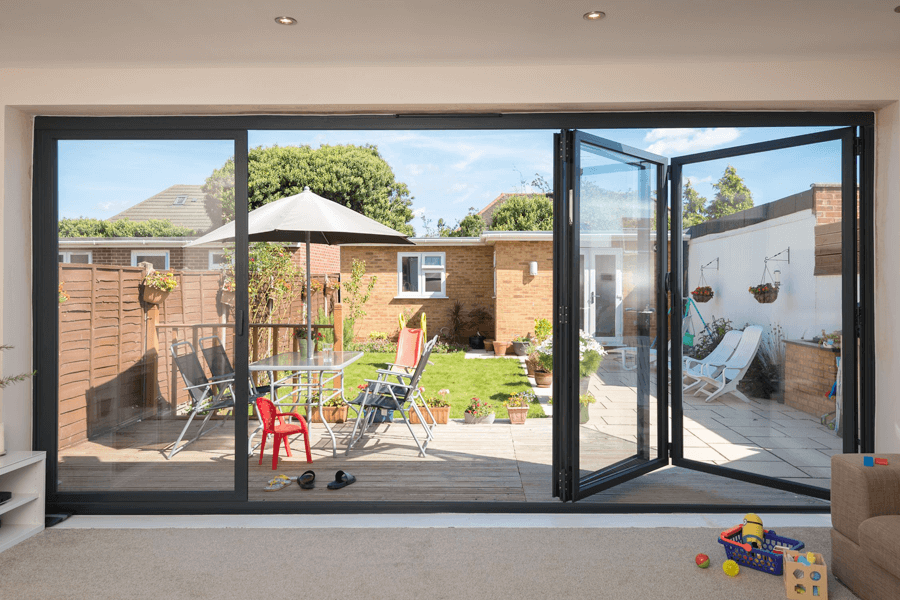 black aluminium bi-fold doors interior open