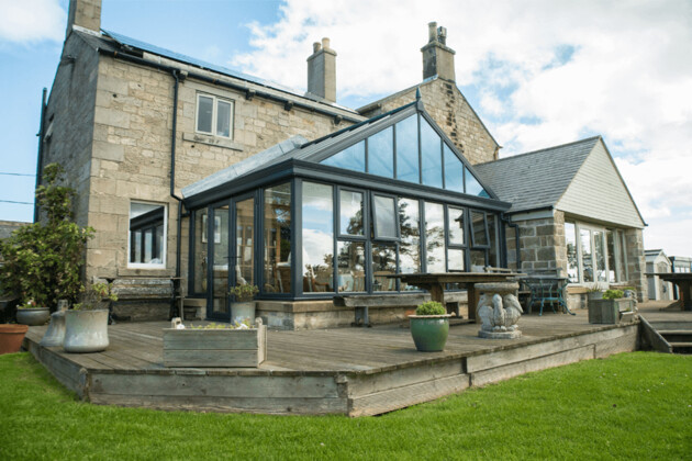 glass roof gable dark navy grey aluminium and uPVC conservatory