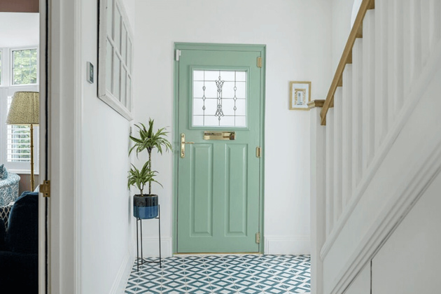 green composite door with inbuilt window interior hallway