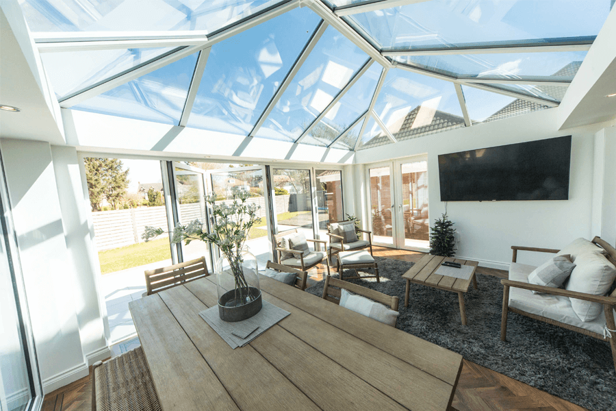 white uPVC orangery glass roof interior