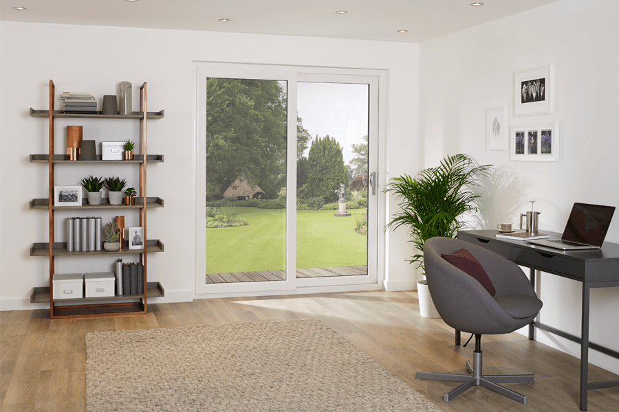 sliding patio doors made of white uPVC office interior