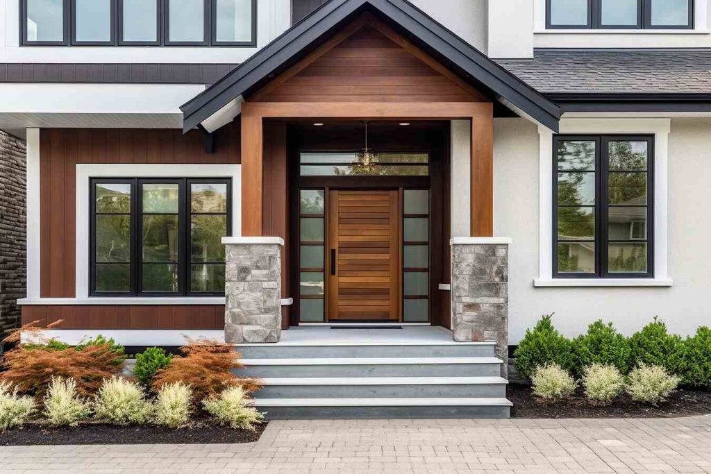 Contemporary timber front door with horizontal panels, set beneath a modern porch with stone pillars and surrounded by large black-framed windows.