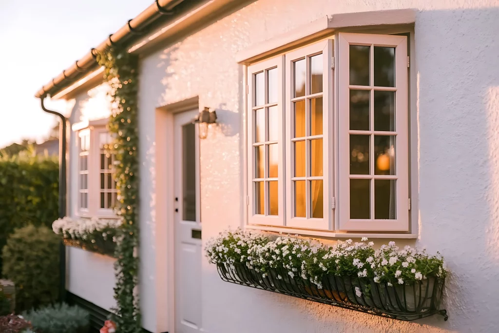Image of a house in UK with white timber windows in a golden hour.